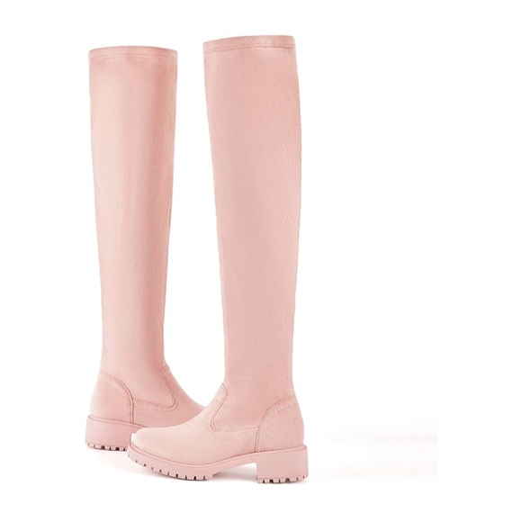 Light Pink Suede Over The Knee Boots Round Toe Side Zipper Flat Thigh High - Picture 5 of 5
